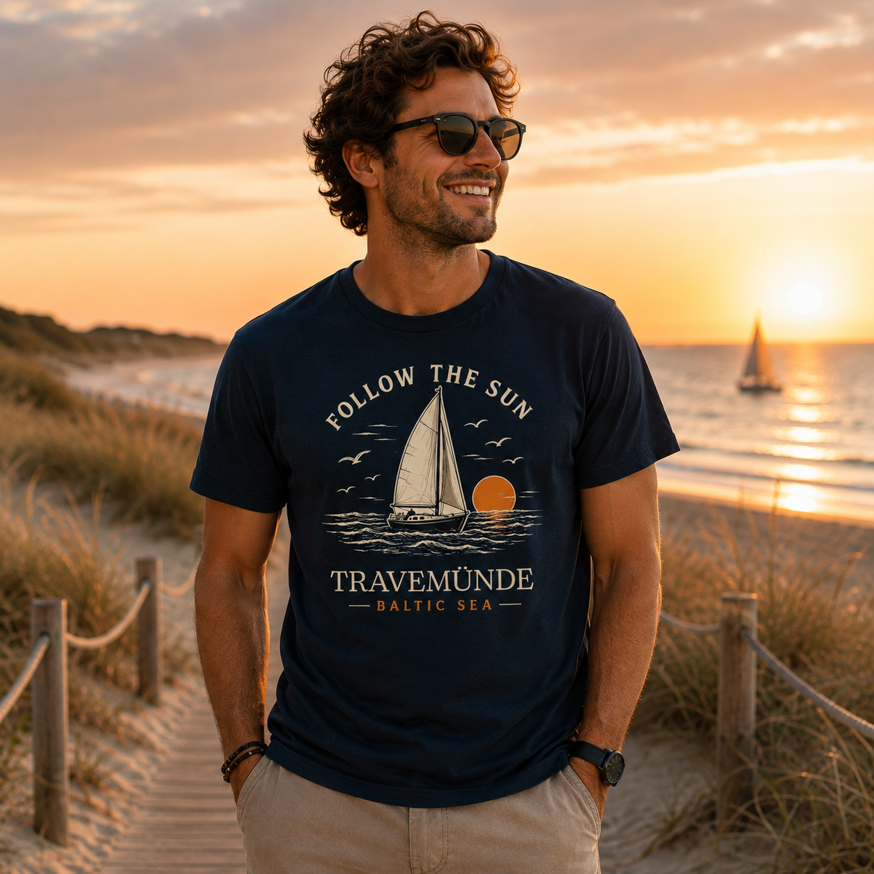 Travemünde Follow The Sun Dark Edition T-Shirt bei Sonnenuntergang an der Ostsee