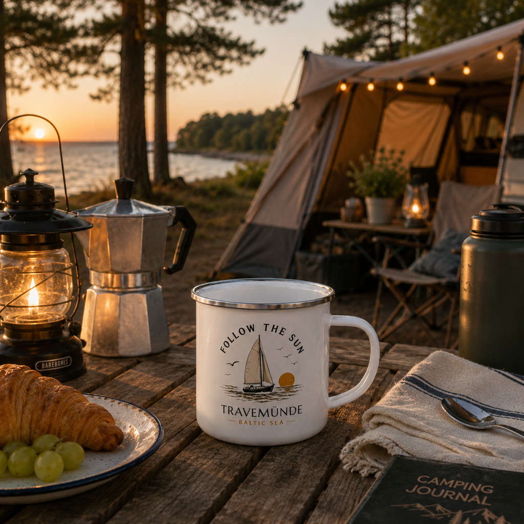 Travemünde Follow the Sun Emaillebecher beim Camping am Meer