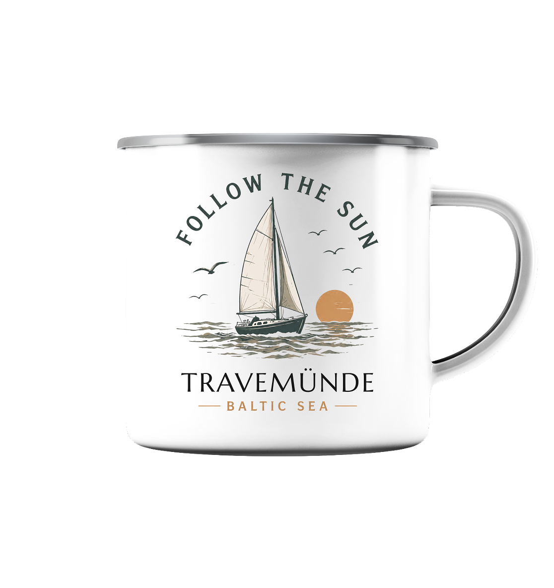 Travemünde Follow the Sun Emaillebecher mit Segelboot Motiv Produktansicht