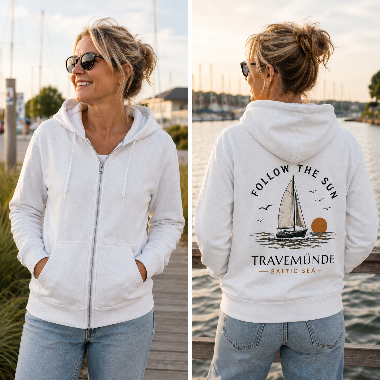 Frau trägt Travemünde Follow the Sun Hoodie mit Segelboot Motiv an der Ostsee