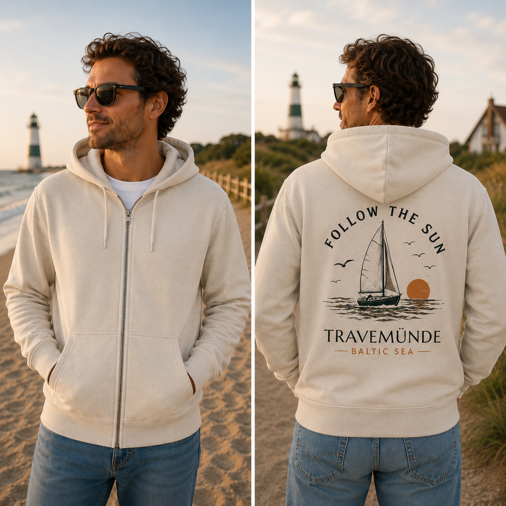 Mann trägt Travemünde Follow the Sun Hoodie mit Segelboot Motiv an der Ostsee