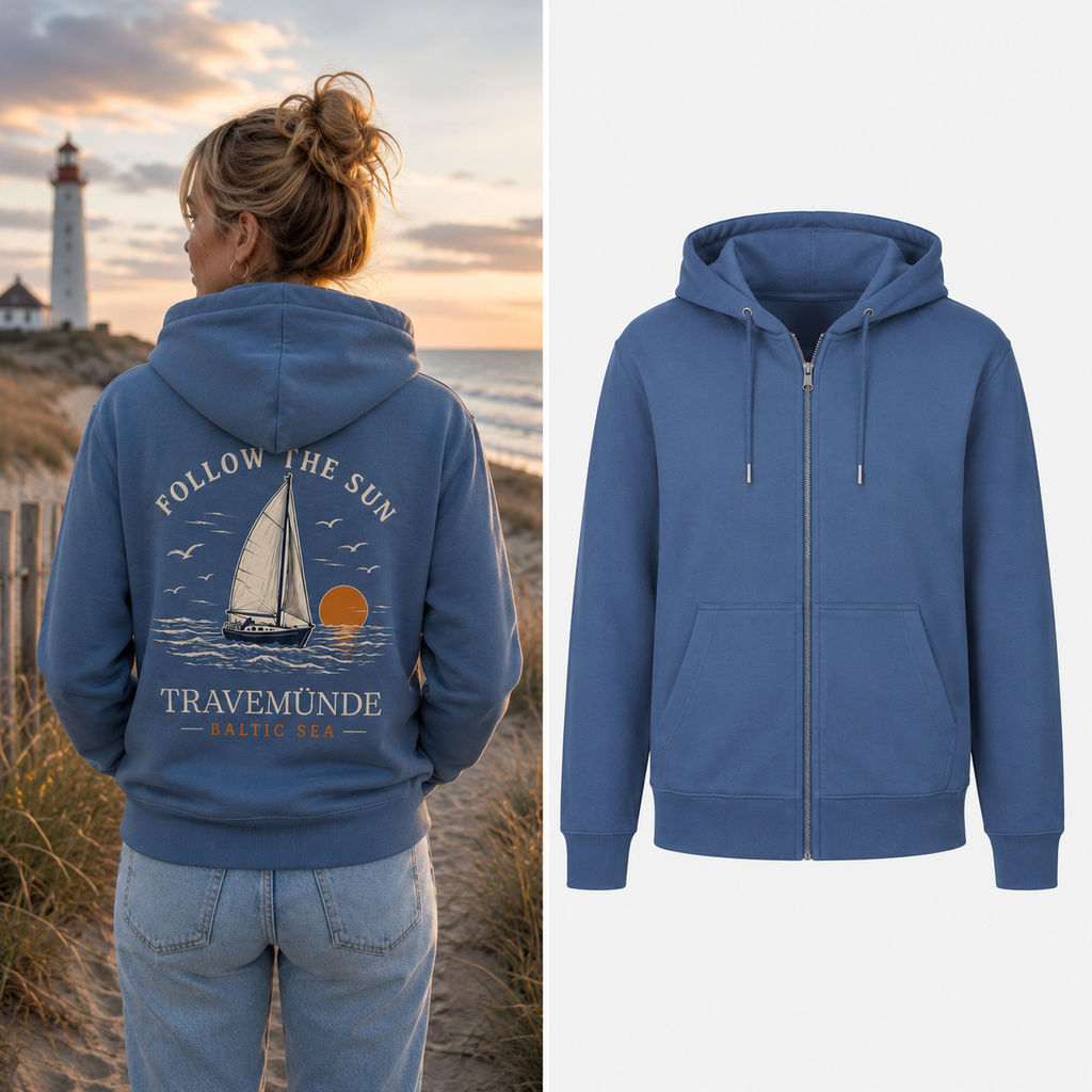 Frau trägt Travemünde Follow The Sun Kapuzenjacke an der Ostsee