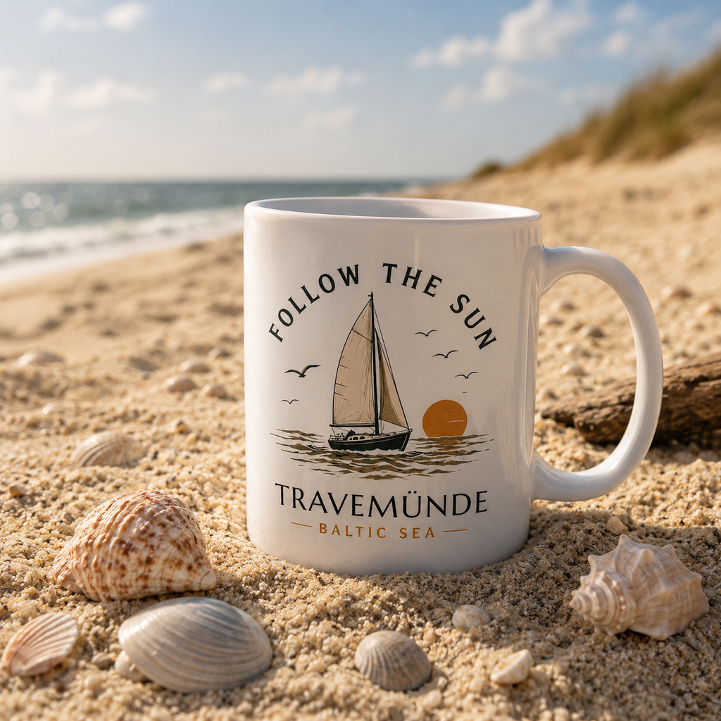 Travemünde Follow the Sun Keramiktasse am Ostseestrand