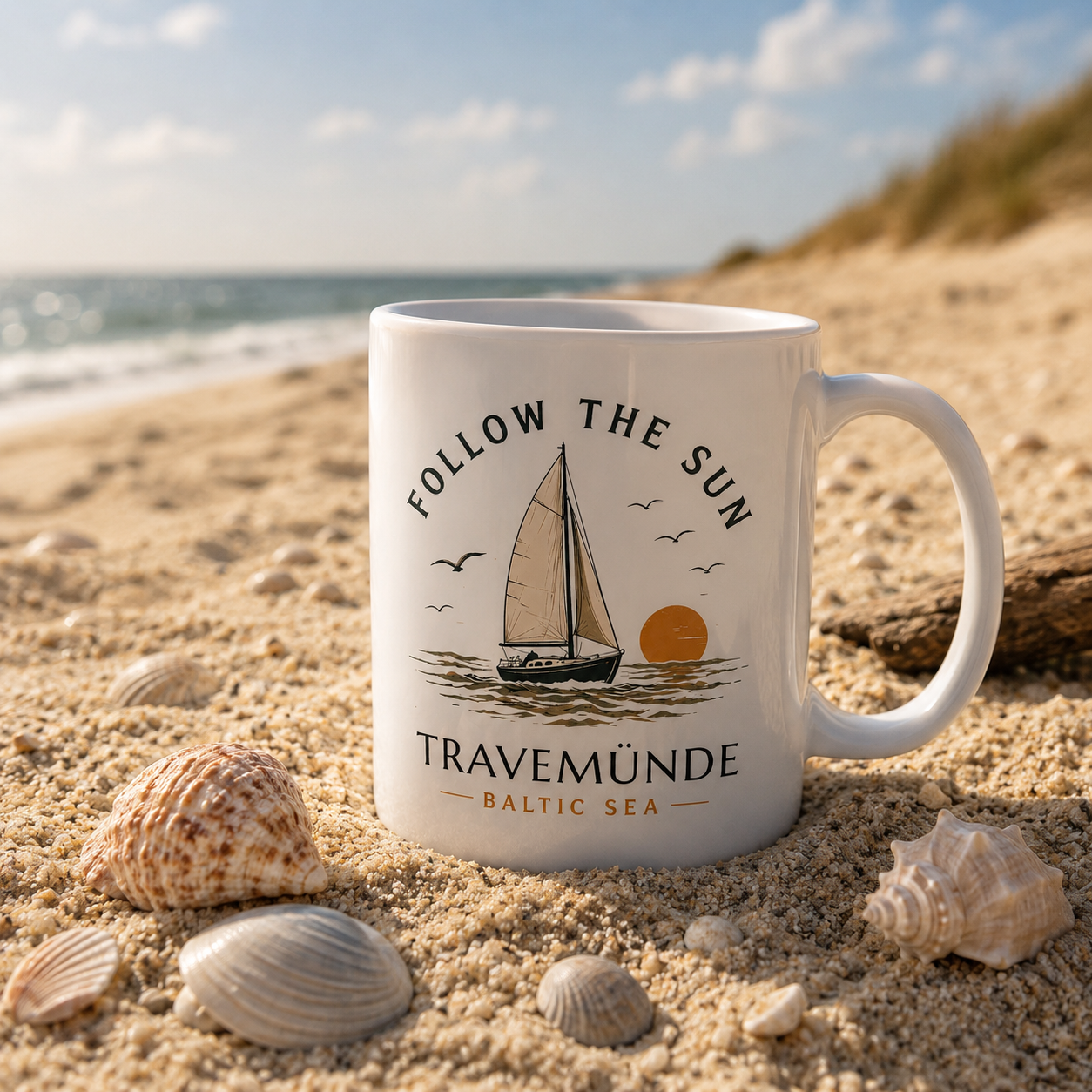 Travemünde Follow the Sun Keramiktasse am Ostseestrand