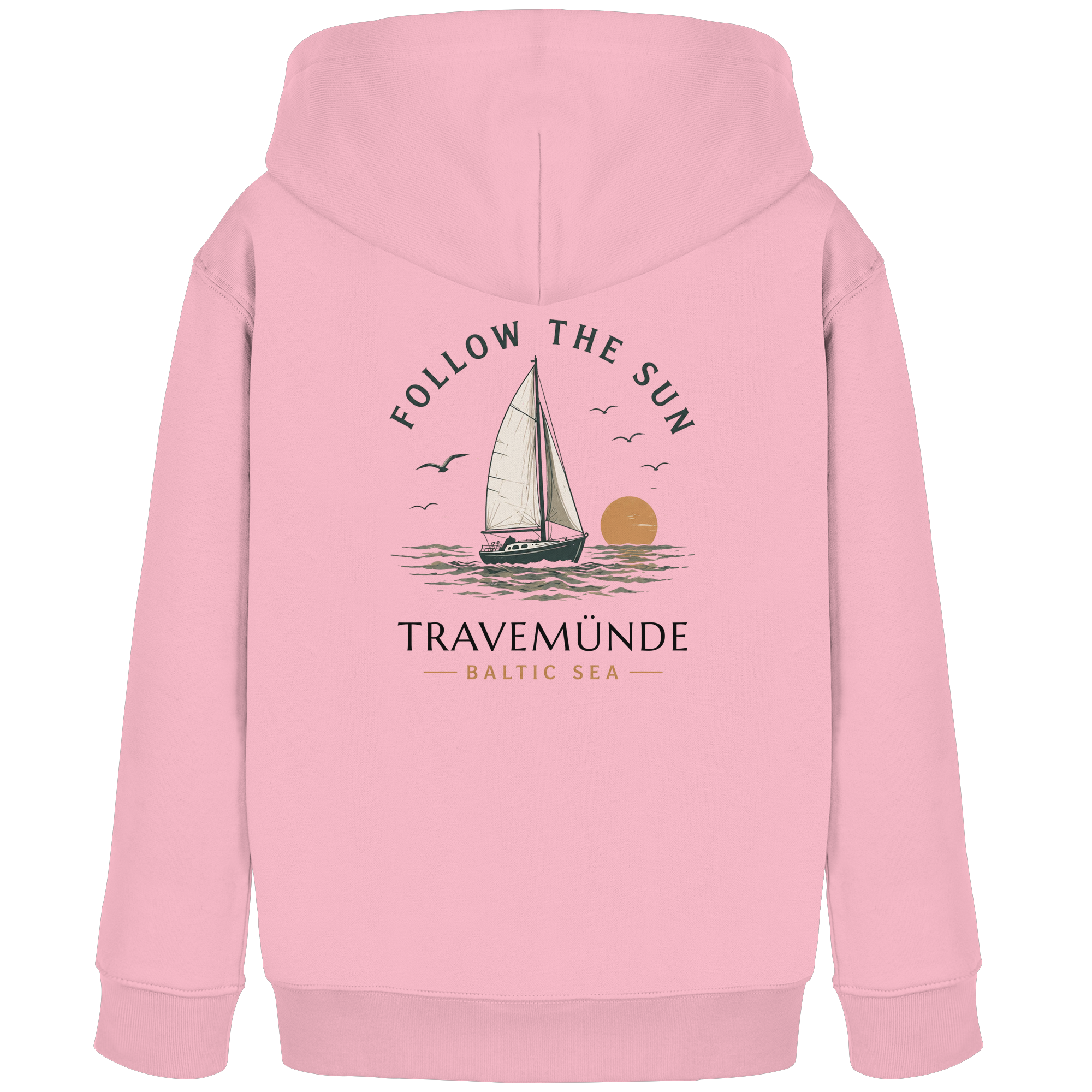 Travemünde Follow the Sun Kinder Hoodie in Rosa mit Segelboot Motiv auf dem Rücken