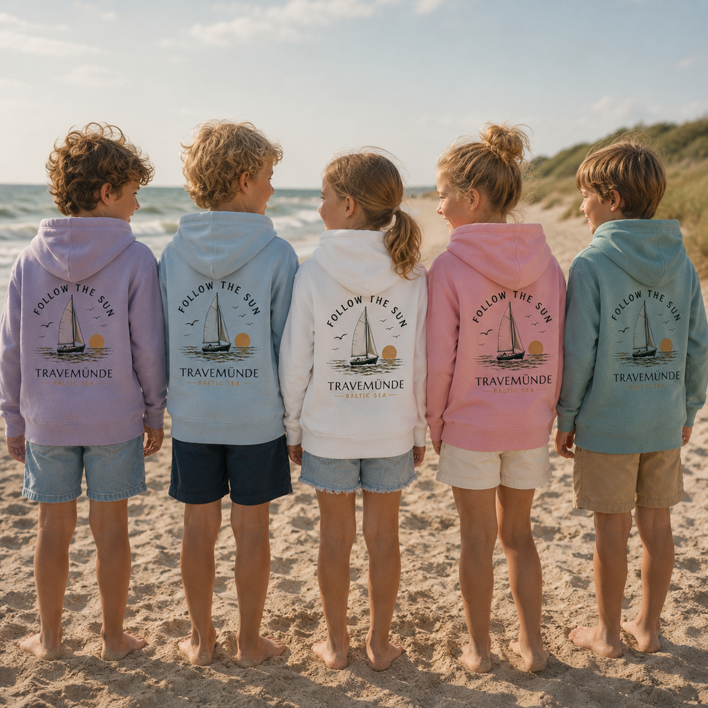 Kinder Hoodies Travemünde Follow the Sun in verschiedenen Farben am Ostseestrand