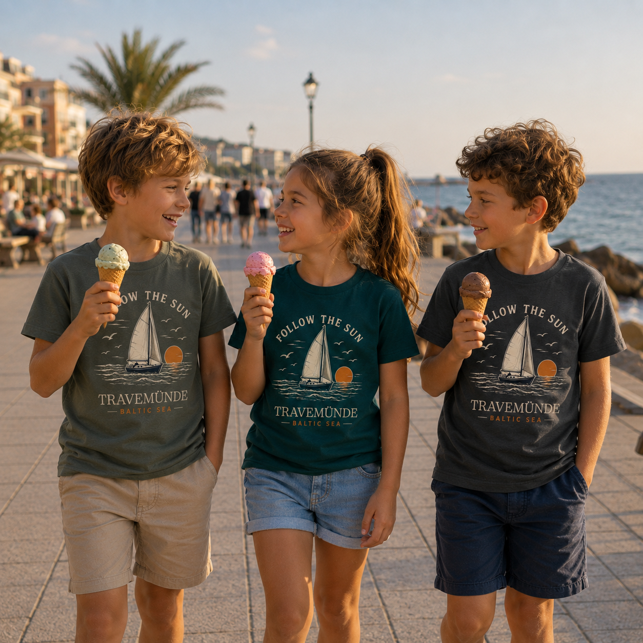 Kinder tragen Follow The Sun Travemünde T-Shirts auf der Promenade in Travemünde