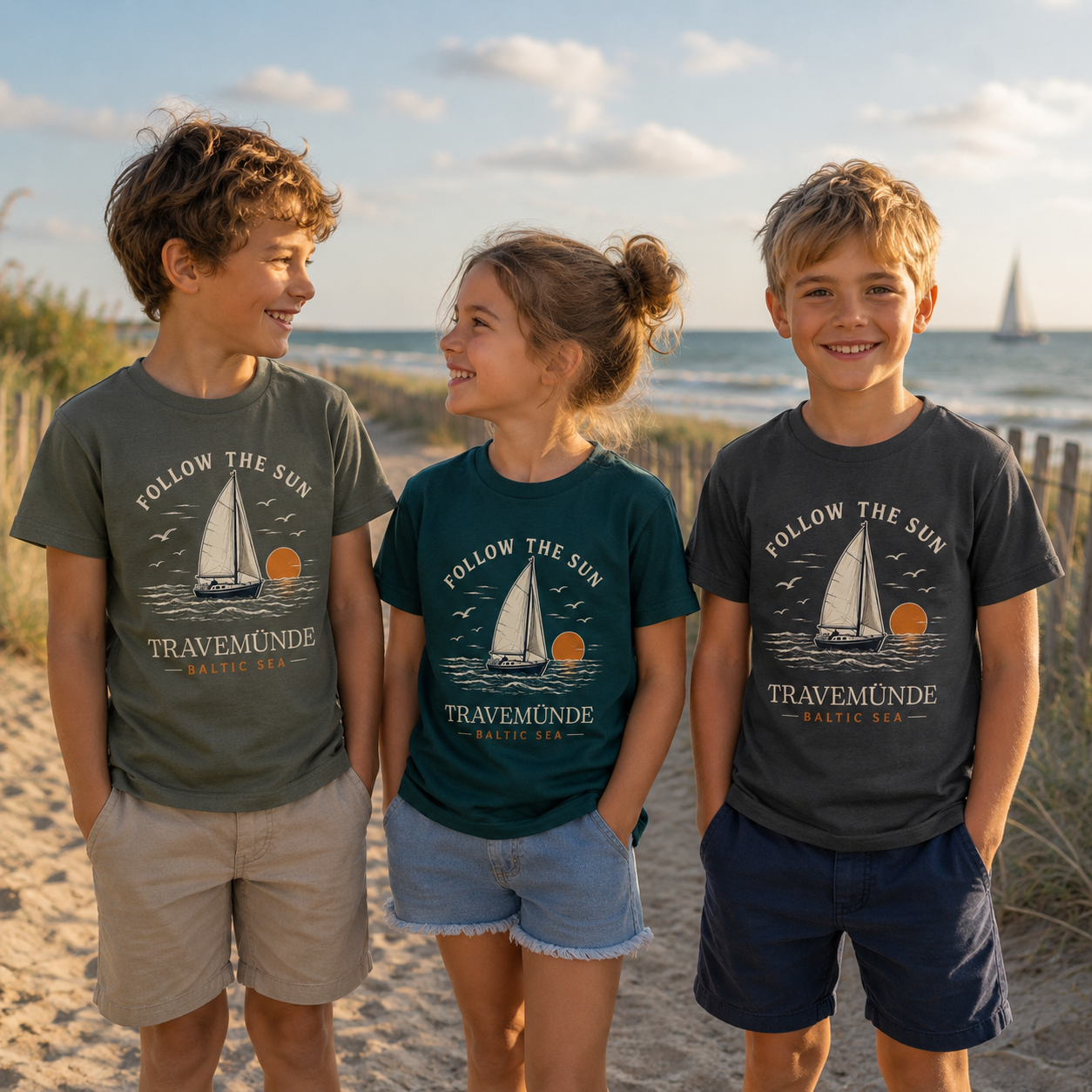 Kinder tragen Follow The Sun Travemünde T-Shirts am Strand der Ostsee