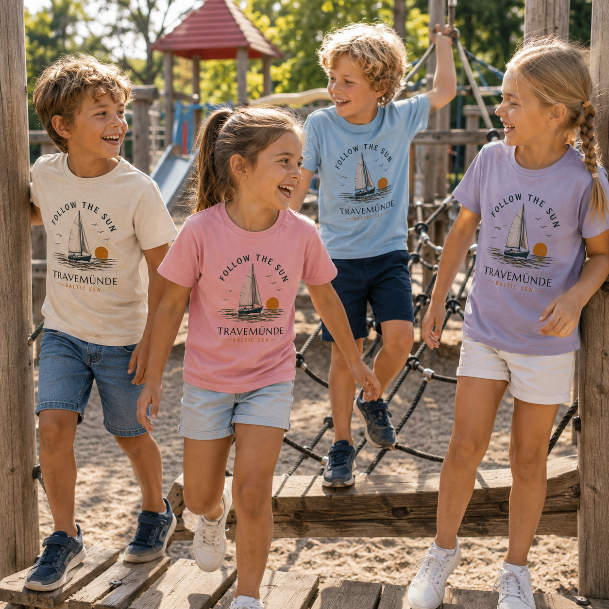 Kinder tragen Follow the Sun Travemünde T-Shirts auf einem Spielplatz an der Ostsee