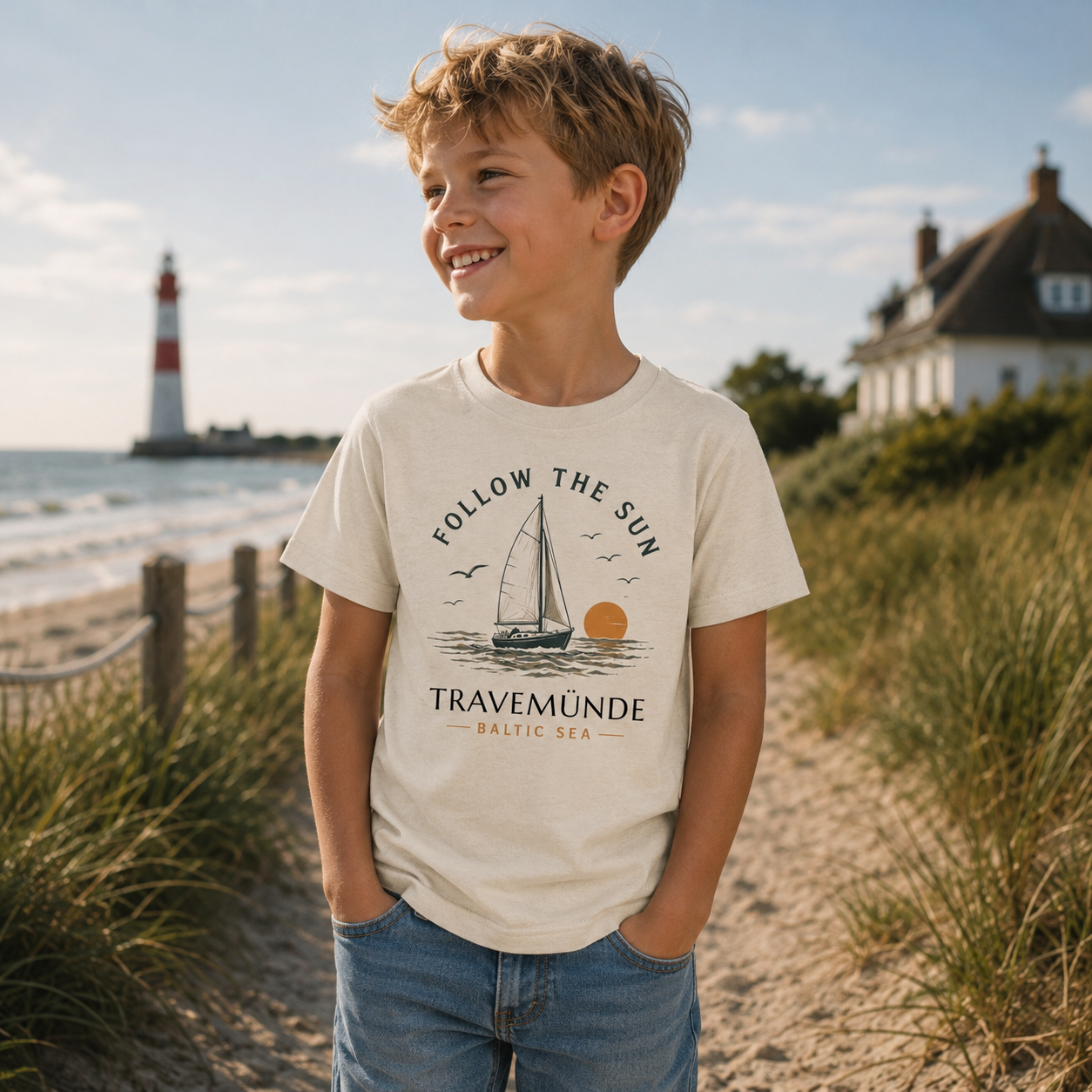Junge trägt Follow the Sun Travemünde Kinder T-Shirt am Ostseestrand bei Sonnenuntergang