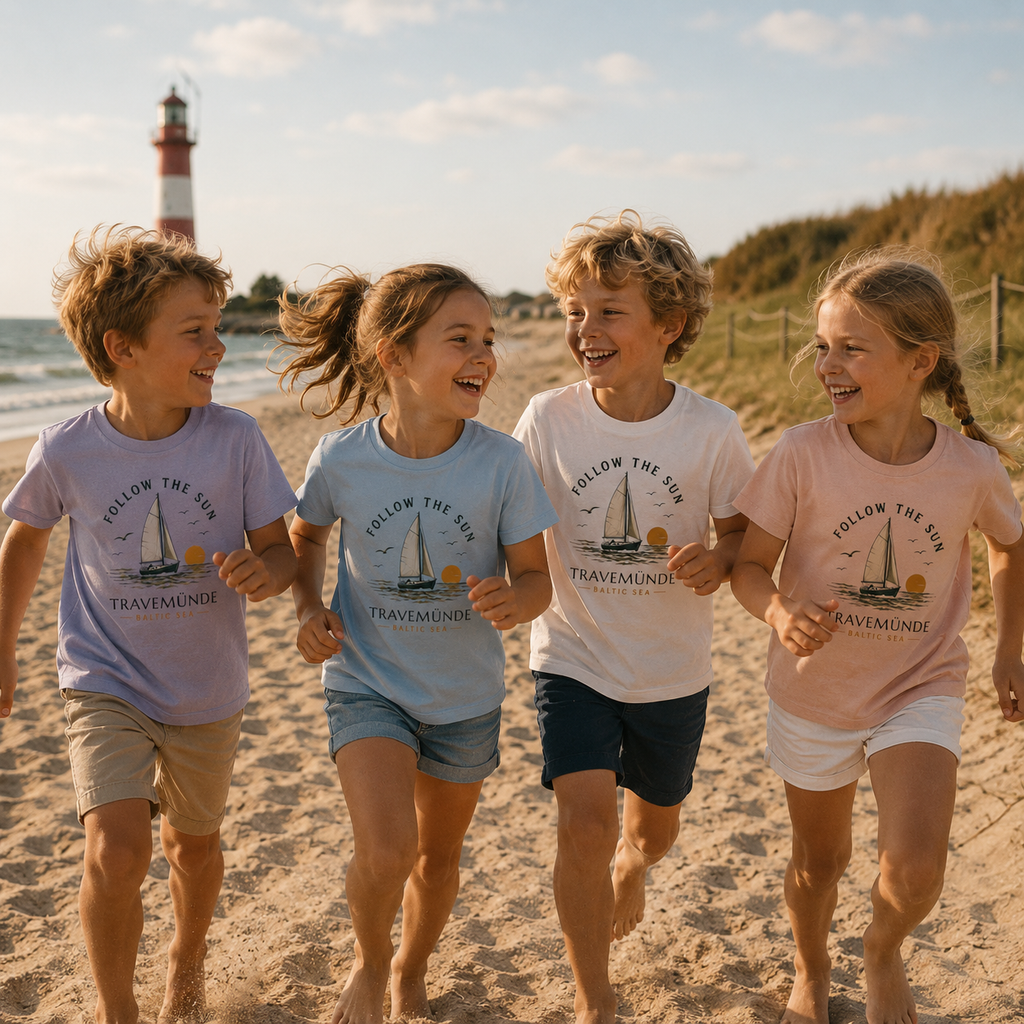 Kinder tragen Follow the Sun Travemünde T-Shirts beim Spielen am Ostseestrand
