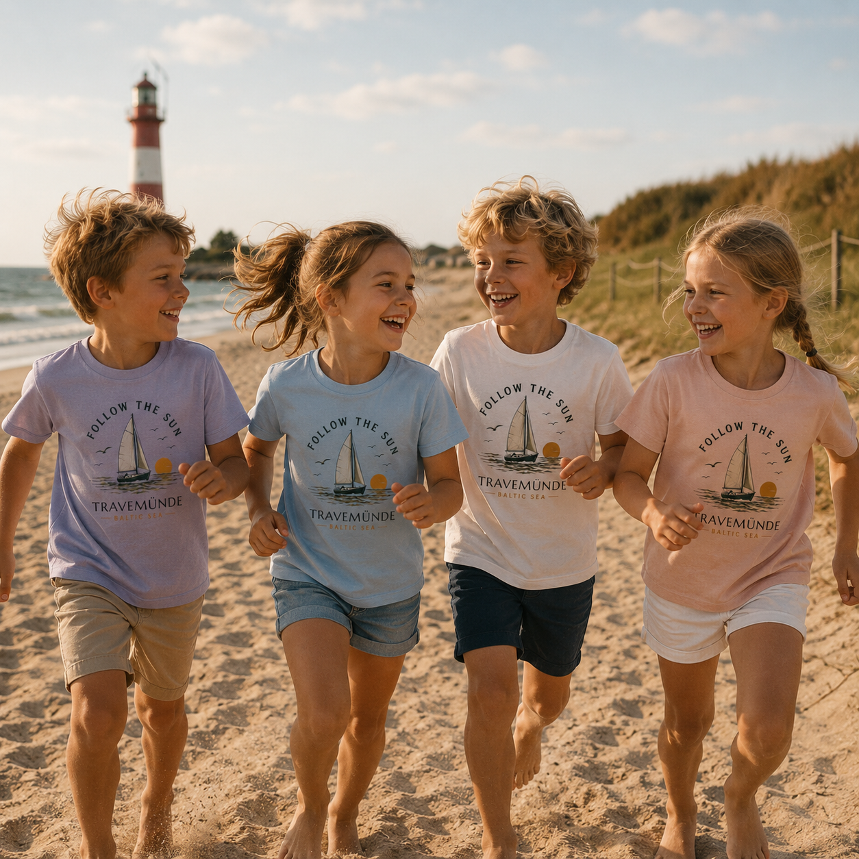 Kinder tragen Follow the Sun Travemünde T-Shirts beim Spielen am Ostseestrand