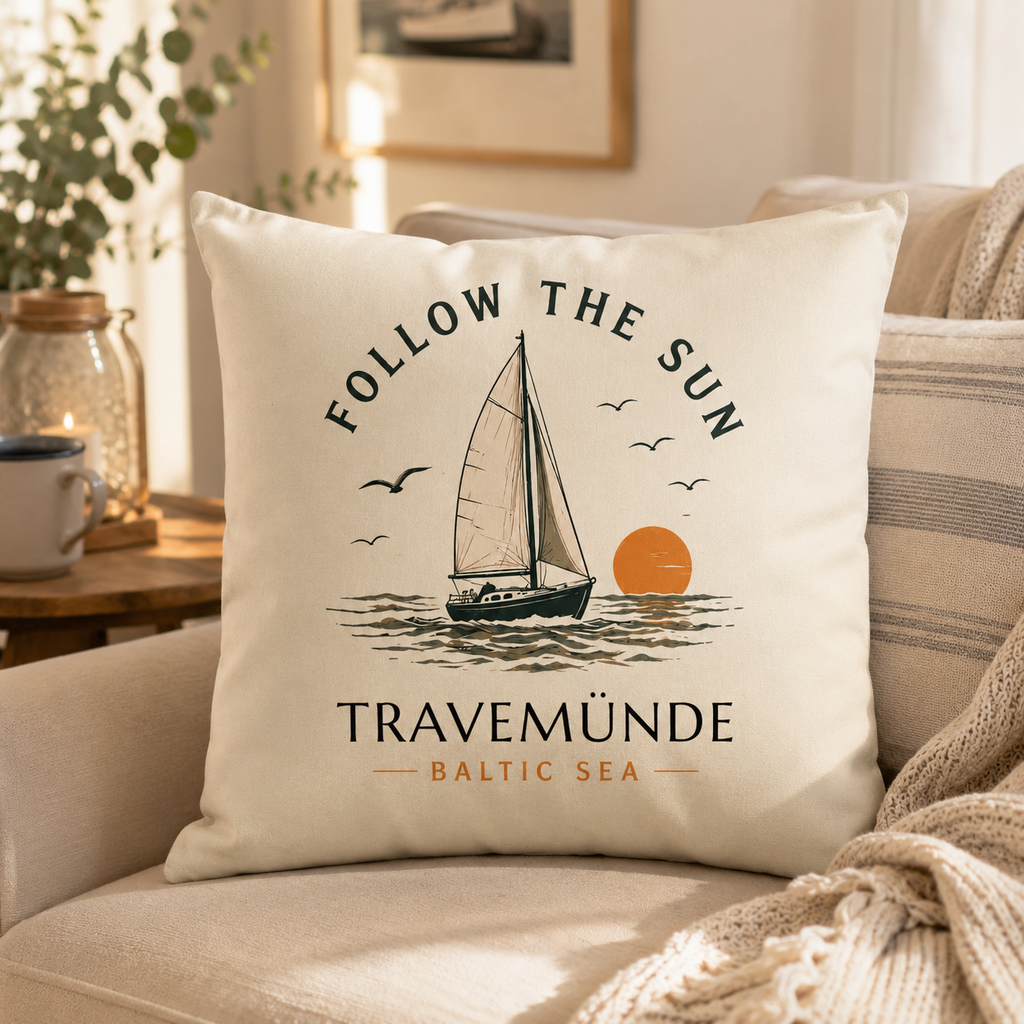 Travemünde Follow the Sun Kissen als maritime Dekoration auf einem Sofa