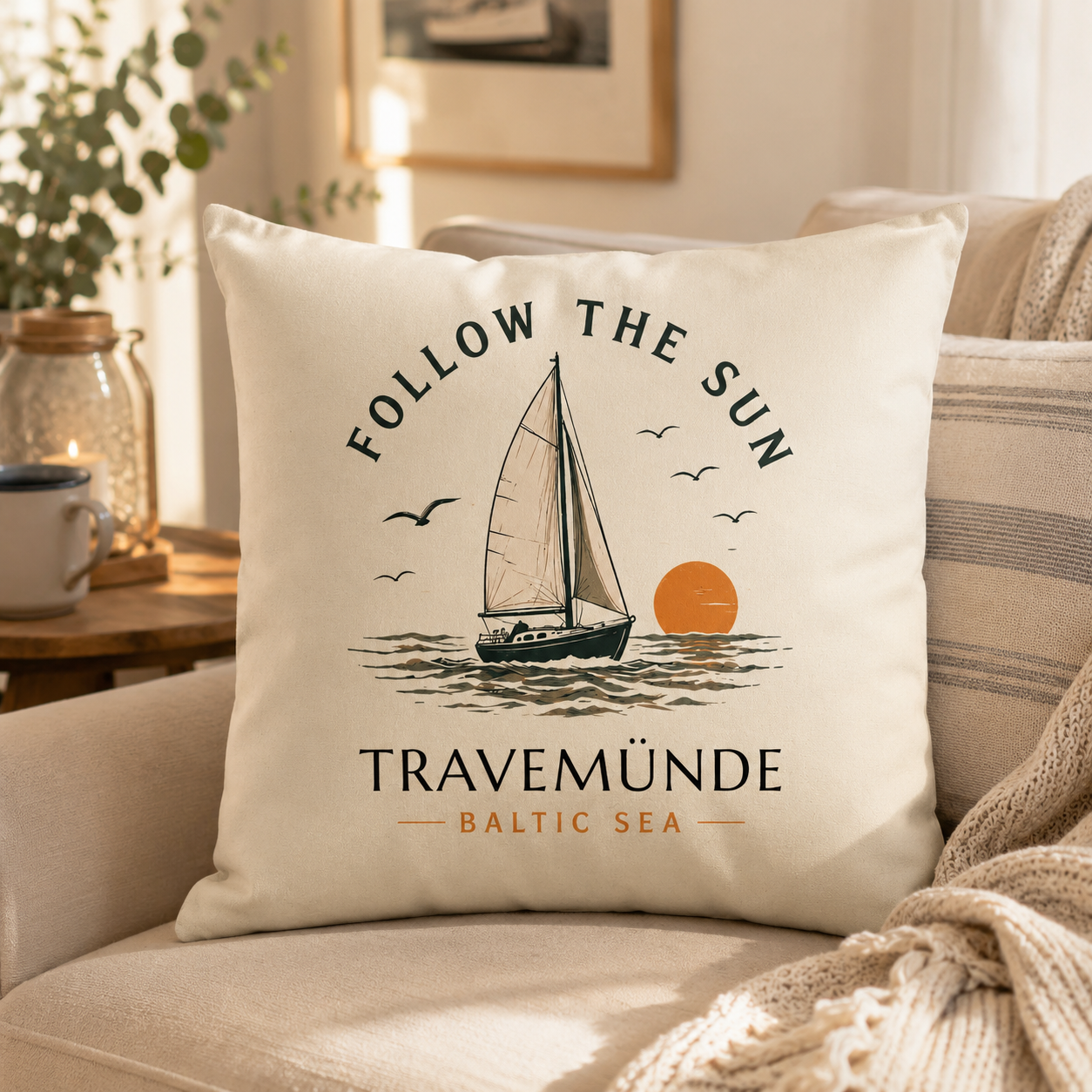 Travemünde Follow the Sun Kissen als maritime Dekoration auf einem Sofa