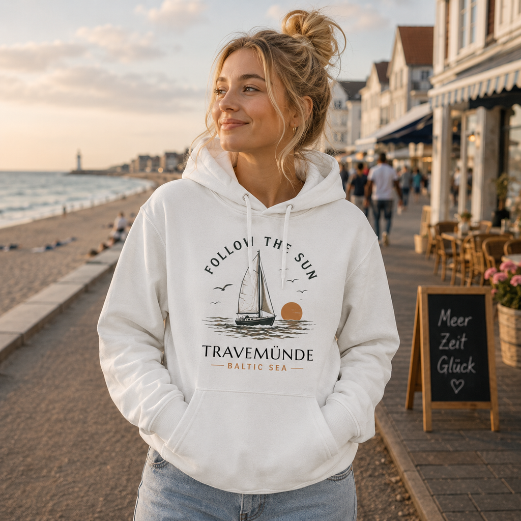 Travemünde Follow the Sun Hoodie in Weiß mit Segelboot Motiv und Baltic Sea Design