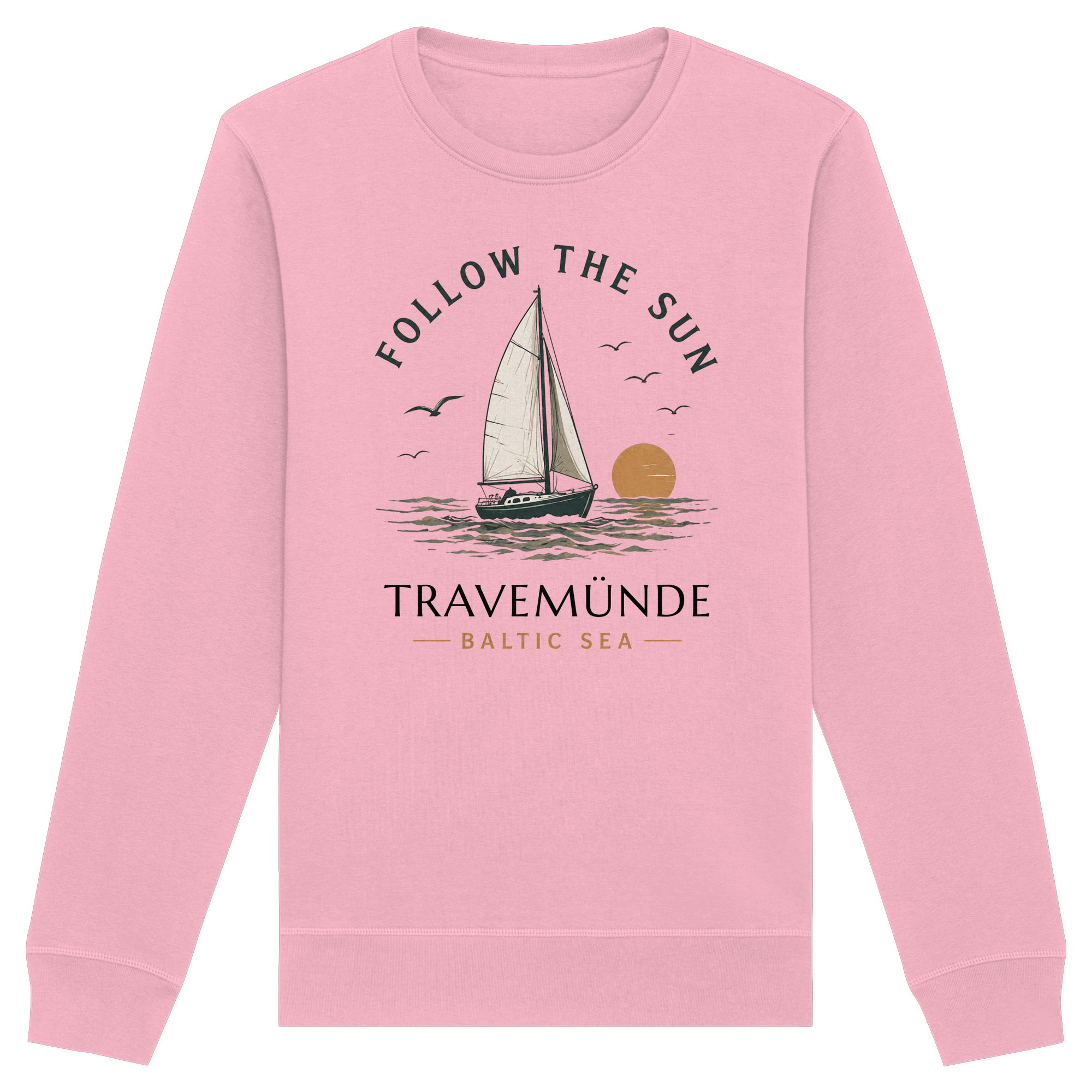 Travemünde Follow the Sun Sweatshirt in Cotton Pink mit Segelboot Motiv und Baltic Sea Design