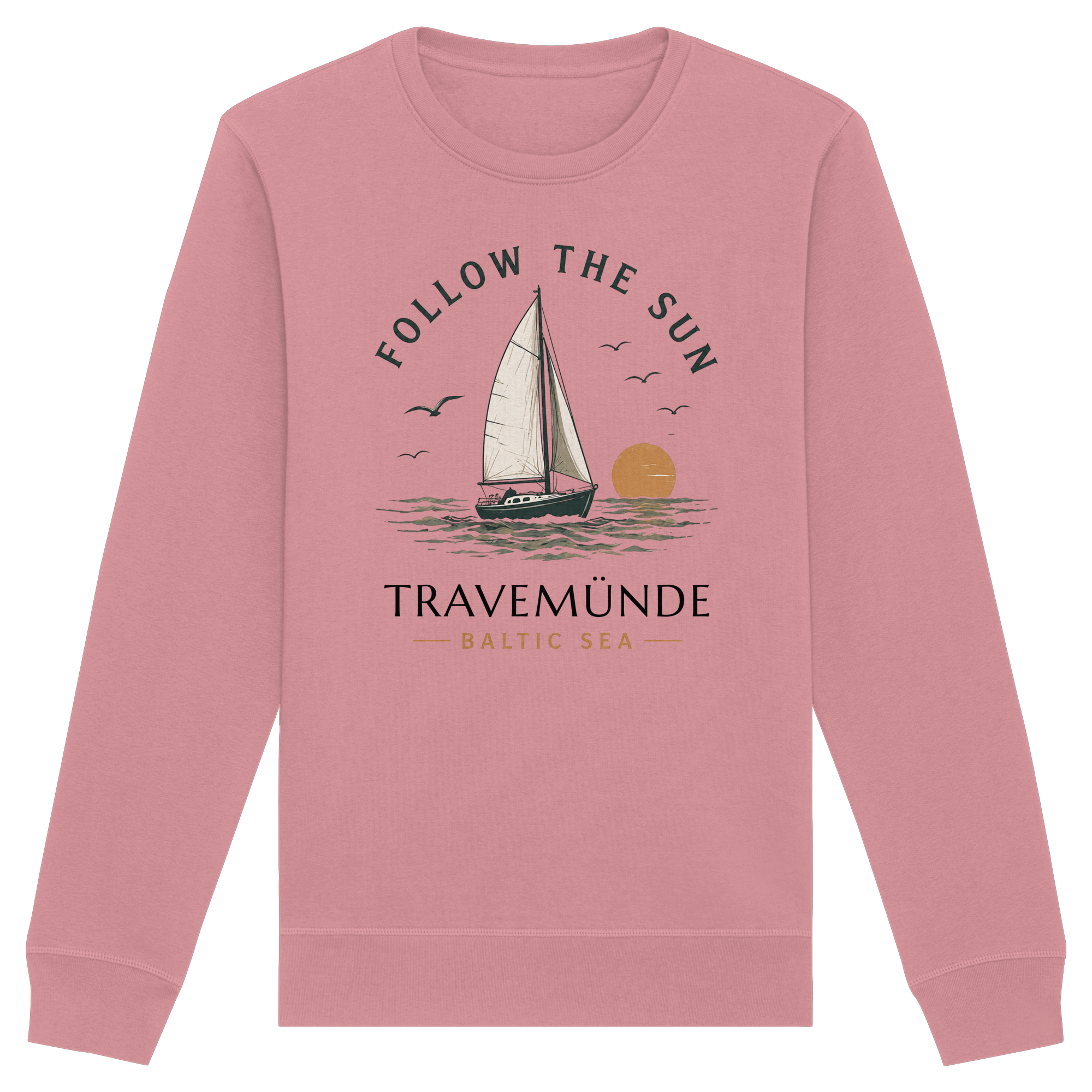 Travemünde Follow the Sun Sweatshirt in Canyon Pink mit Segelboot Motiv und Baltic Sea 