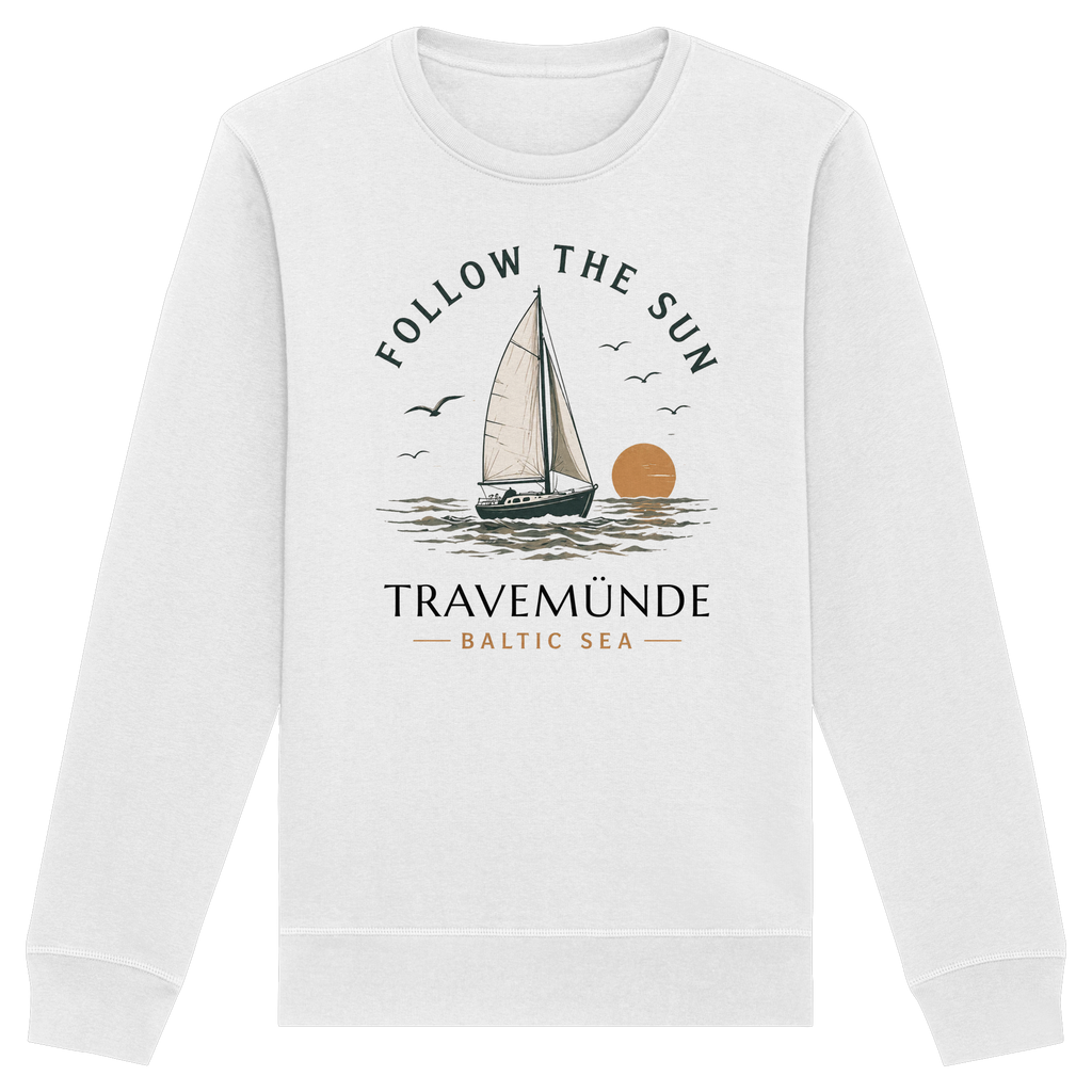 Travemünde Follow the Sun Sweatshirt in Weiß mit Segelboot Motiv und Baltic Sea Design