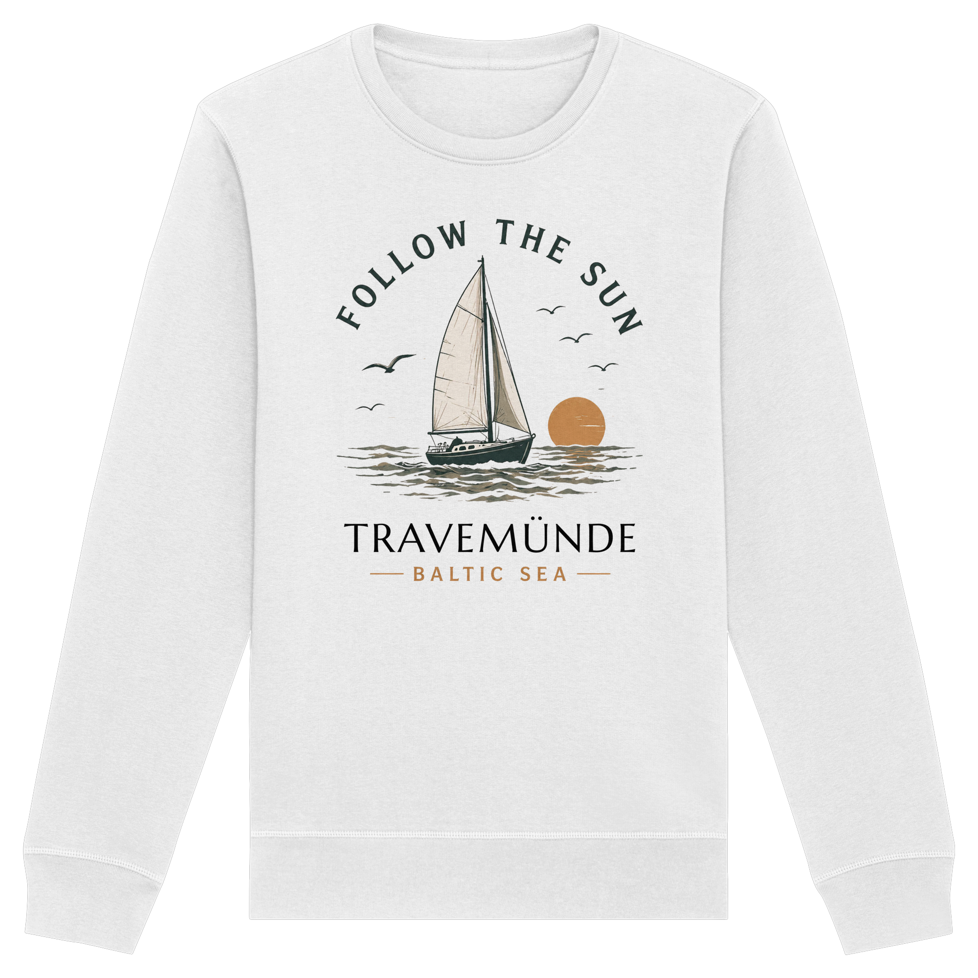 Travemünde Follow the Sun Sweatshirt in Weiß mit Segelboot Motiv und Baltic Sea Design