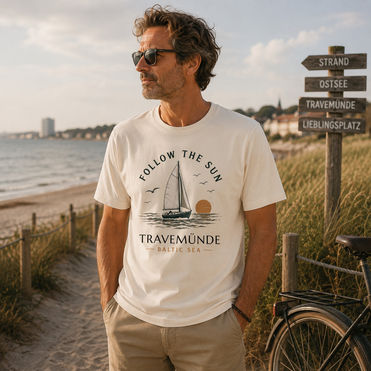 Travemünde Follow the Sun T-Shirt in Weiß mit Segelboot Motiv und Baltic Sea Design