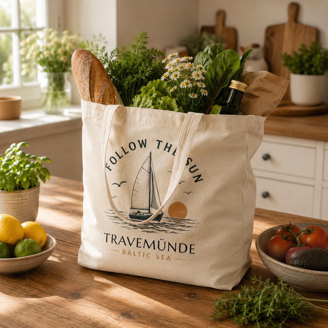Travemünde Follow the Sun Stofftasche auf einem Küchentisch mit Einkäufen