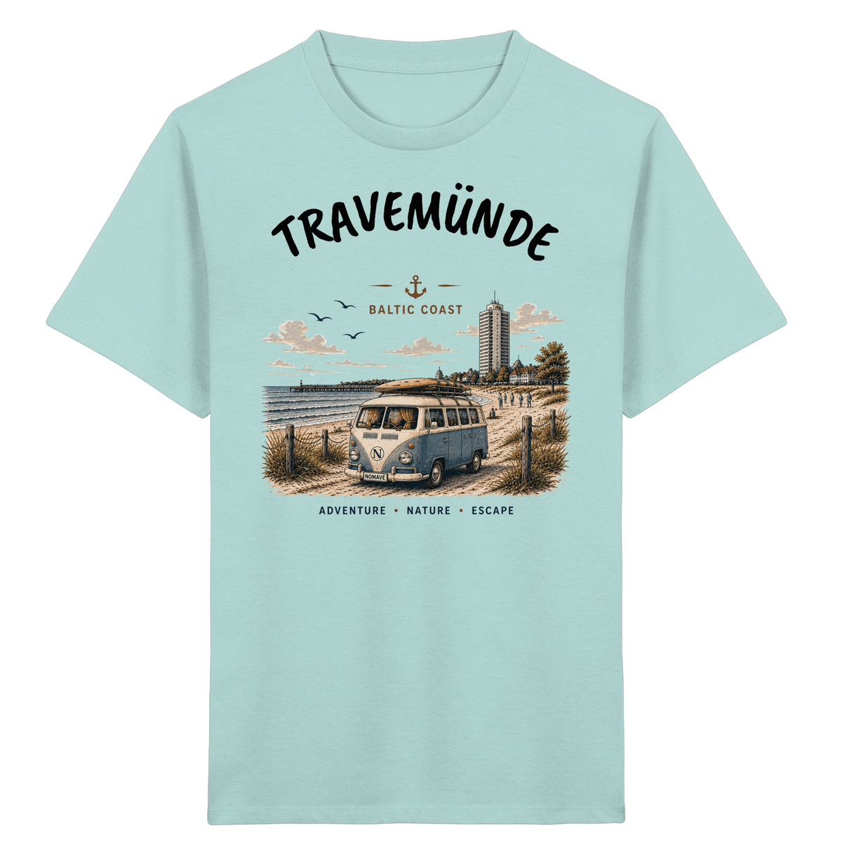 Travemünde Bulli – Kinder Bio T-Shirt – Helle Edition als Produktansicht in Caribbean Blue