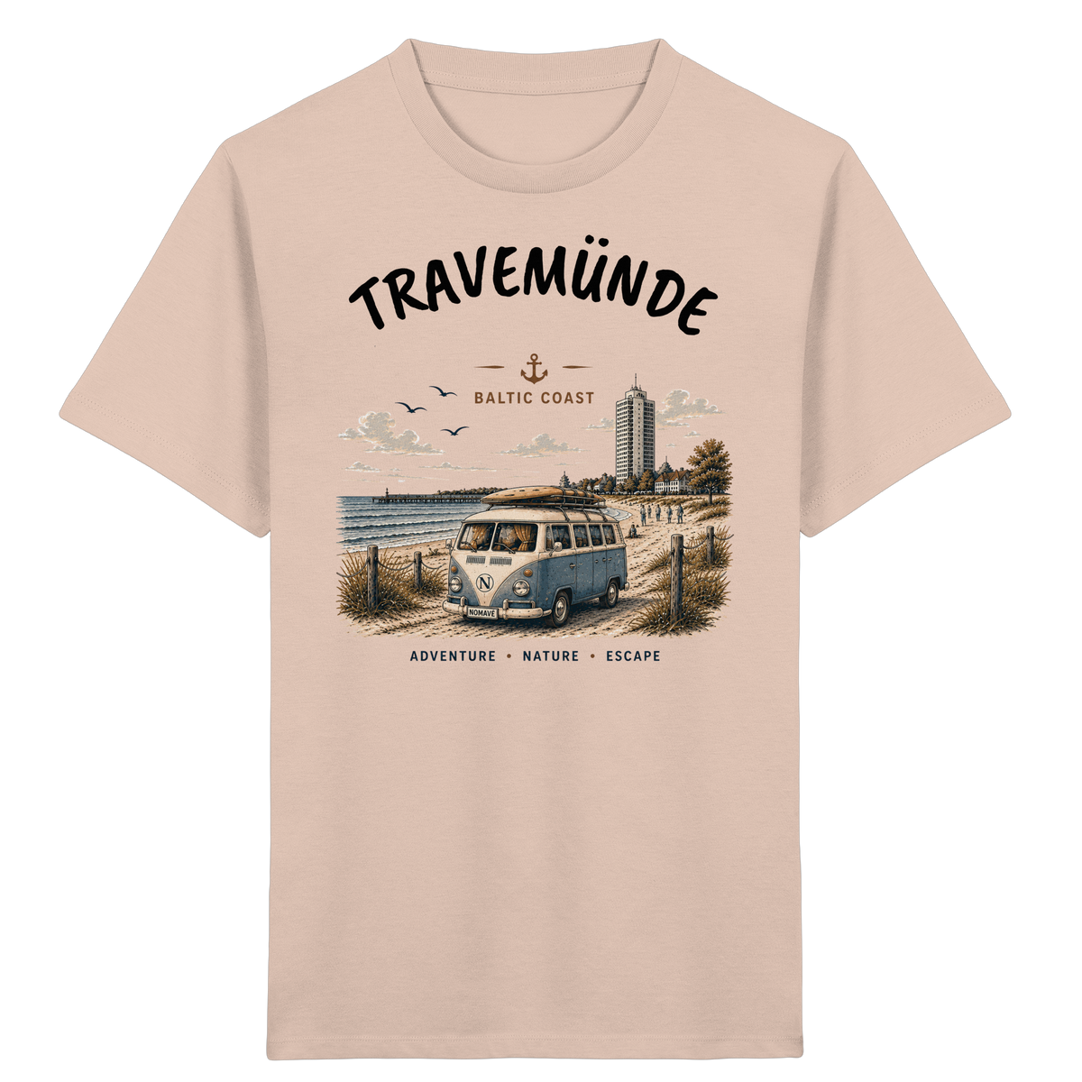 Travemünde Bulli – Kinder Bio T-Shirt – Helle Edition als Produktansicht in Fraiche Peche