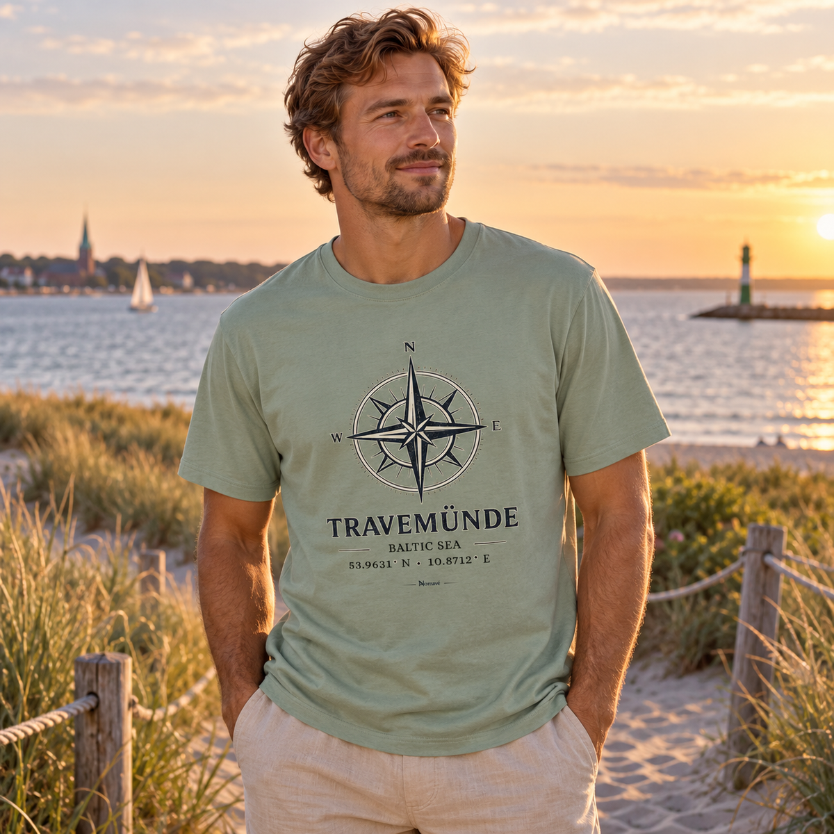 Travemünde Windrose Bio-Heavy T-Shirt in Aloe mit Frontprint