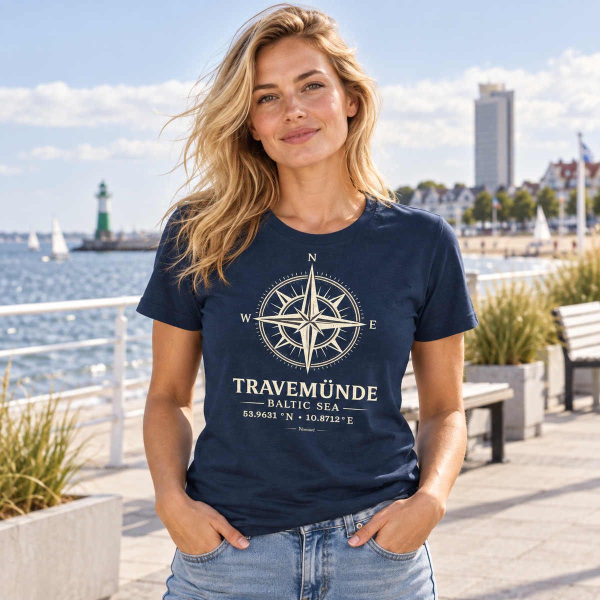 Travemünde Windrose Damen Bio T-Shirt in French Navy an der Ostsee