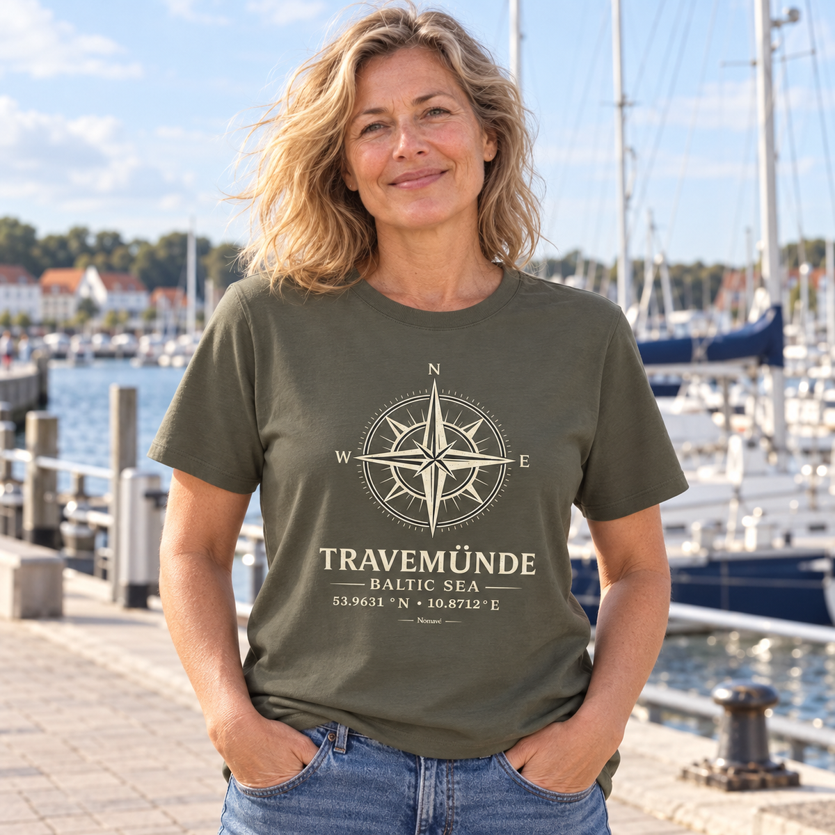Frau im khakifarbenen Travemünde Windrose Bio-Heavy T-Shirt am Hafen