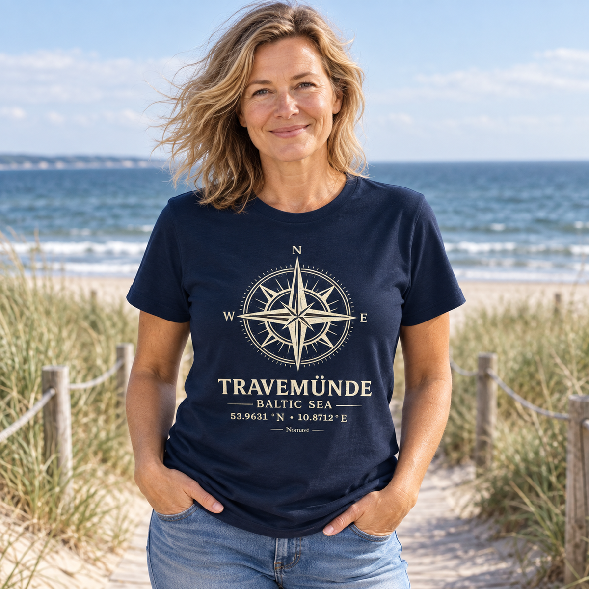 Frau im navyfarbenen Travemünde Windrose Essential T-Shirt am Dünenweg