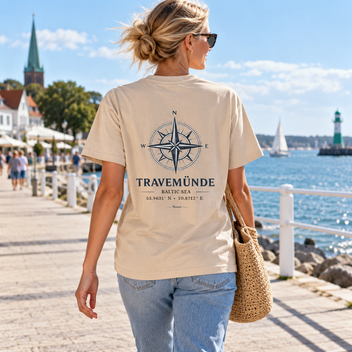 Travemünde Windrose Essential T-Shirt in Natural mit Rückenprint