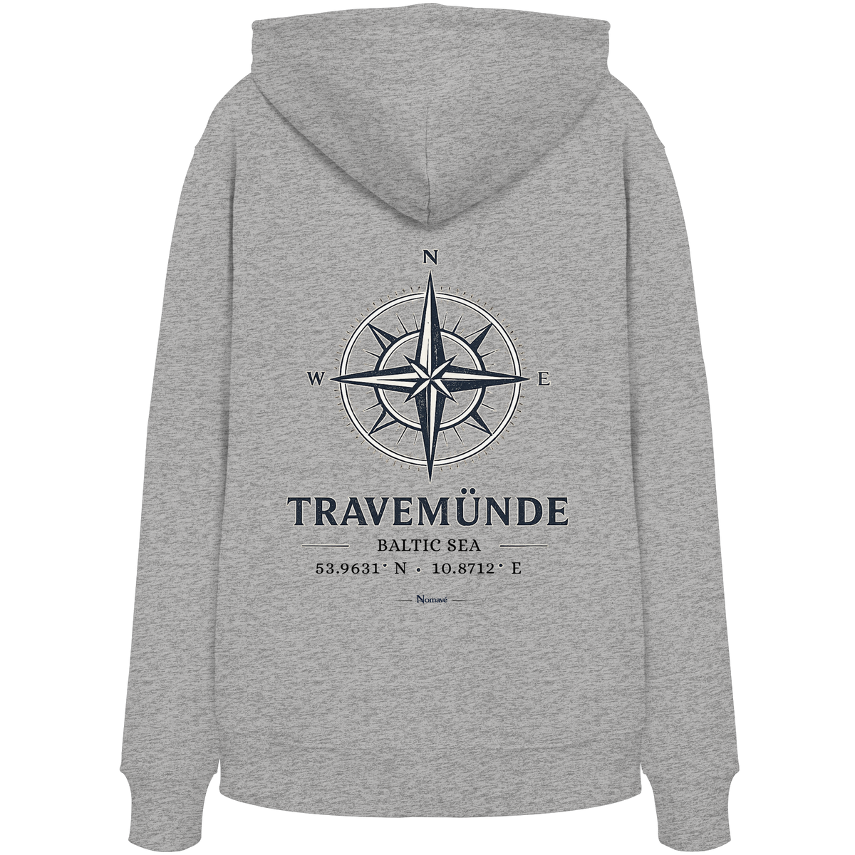 Travemünde Windrose – Rückenansicht Bio-Hoodie heather grey