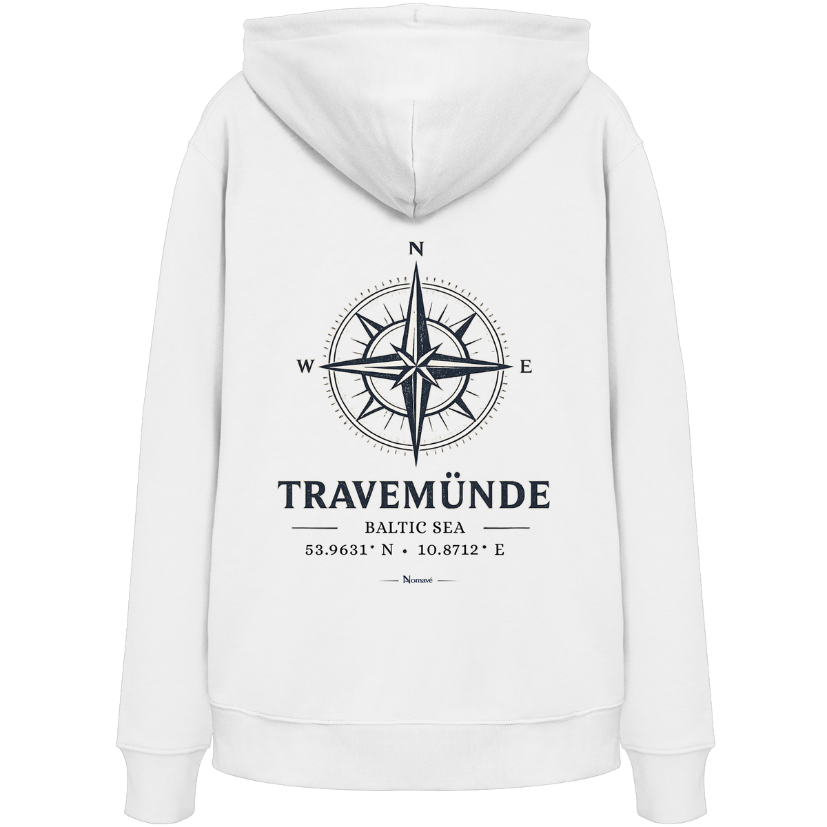 Travemünde Windrose – Rückenansicht Bio-Hoodie Weiß