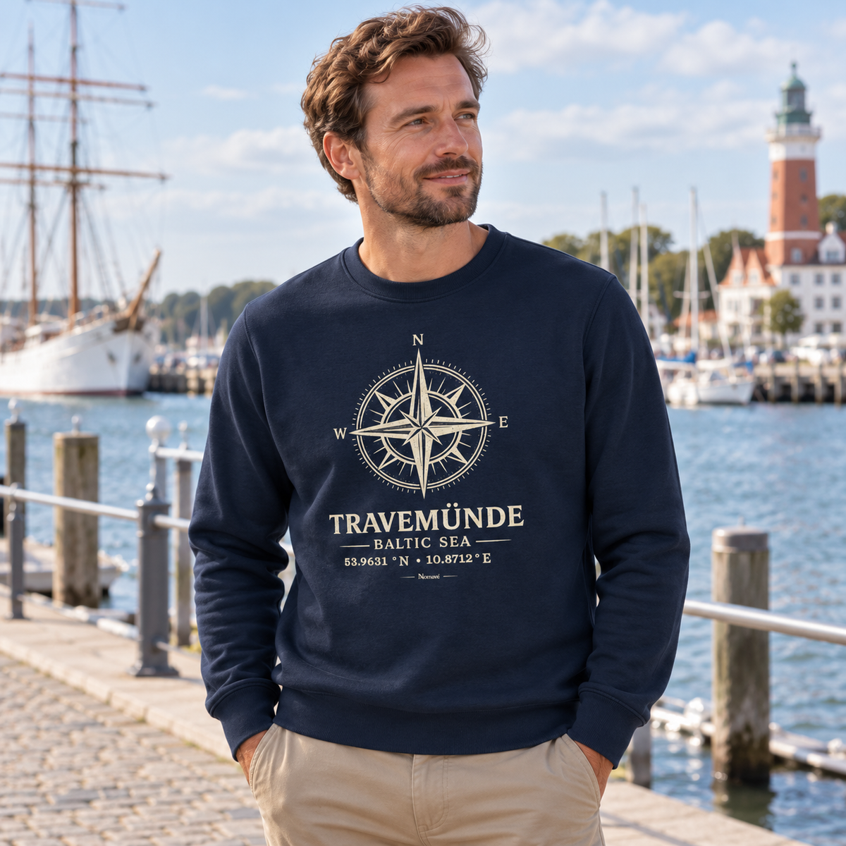 Travemünde Windrose Bio-Sweatshirt in French Navy am Hafen