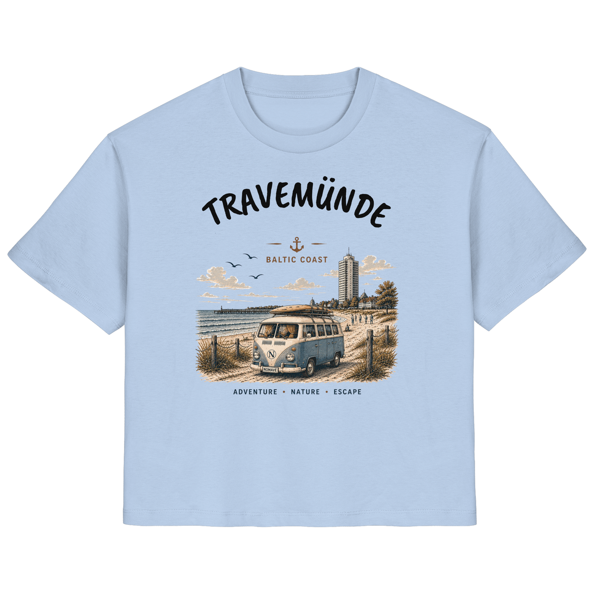 Travemünde Bulli – Damen Bio T-Shirt – Helle Edition als Produktansicht in Blue Soul