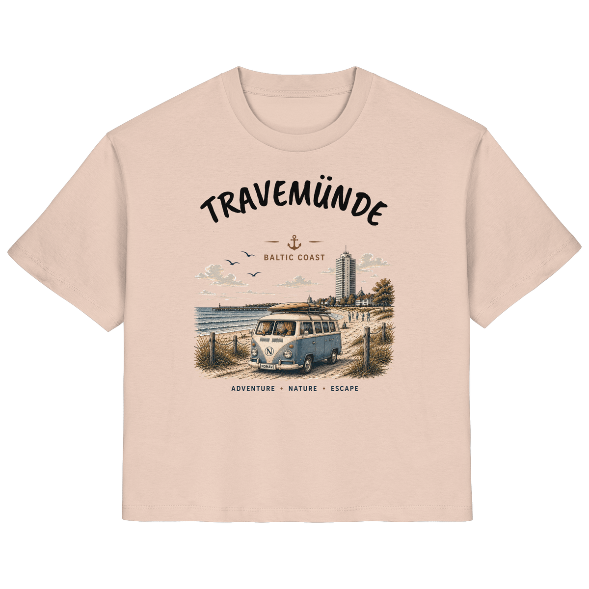 Travemünde Bulli – Damen Bio T-Shirt – Helle Edition als Produktansicht in Fraiche Peche