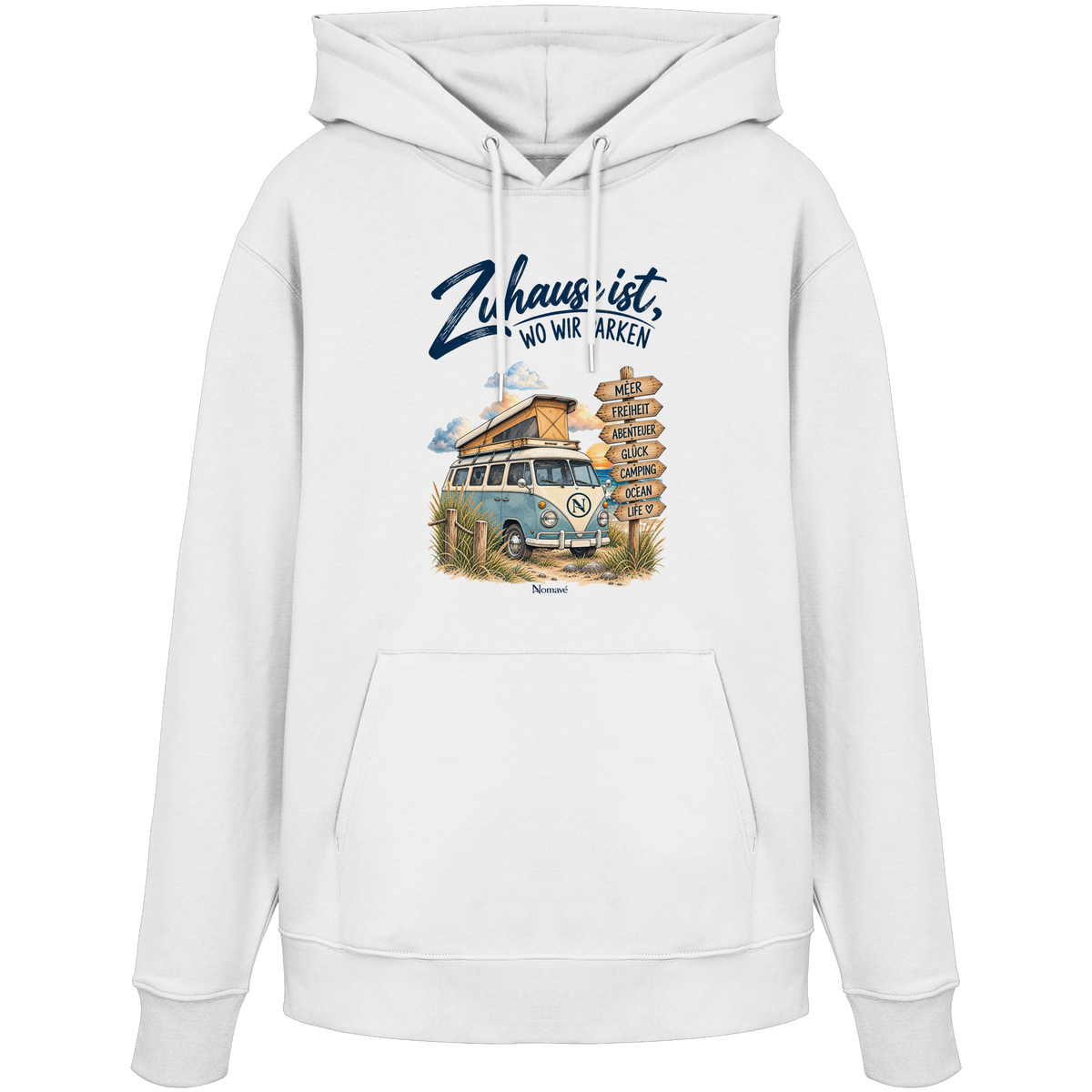 White Bio Hoodie mit Zuhause-ist-wo-wir-parken-Van-Life-Frontprint als Produktansicht