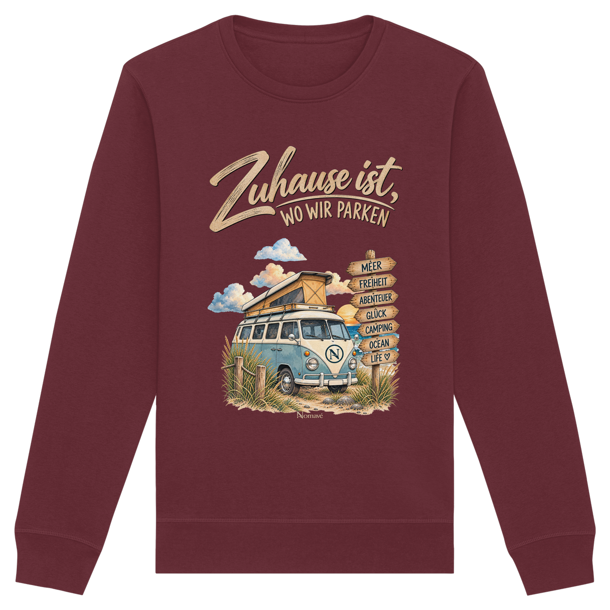 Burgundy Bio-Unisex-Sweatshirt mit Vanlife-Campermotiv als Produktmockup