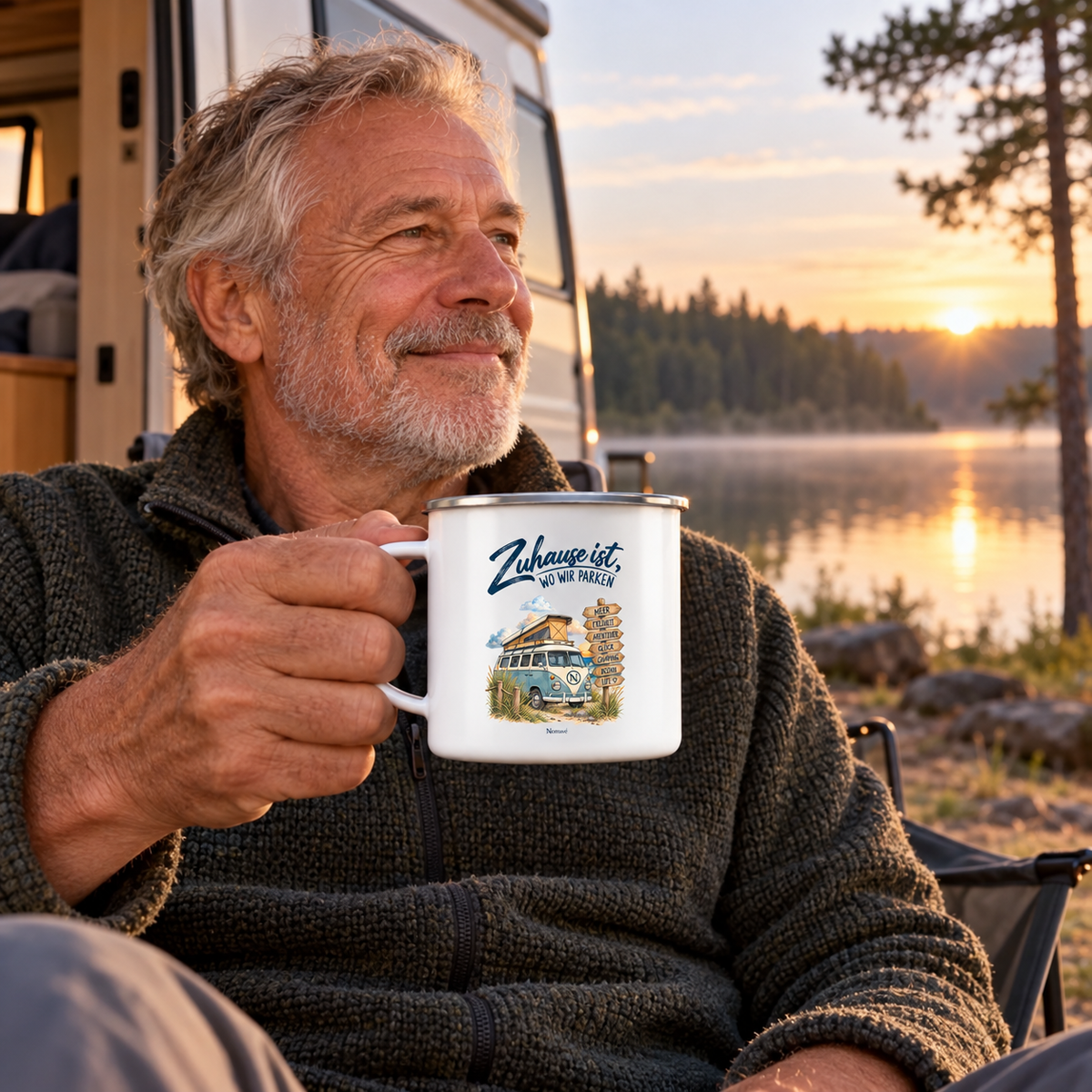 Vanlife Emaille-Becher mit Zuhause-ist-wo-wir-parken-Motiv am See