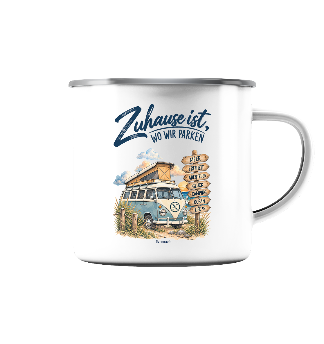 Weißer Vanlife Emaille-Becher mit Zuhause-ist-wo-wir-parken-Campermotiv als Produktansicht