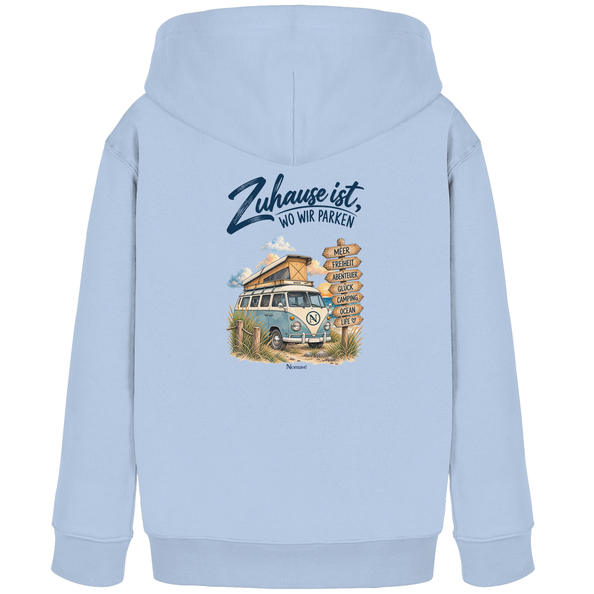 Blue Soul Kinder Bio Hoodie mit Van-Life-Rückenprint als Produktansicht